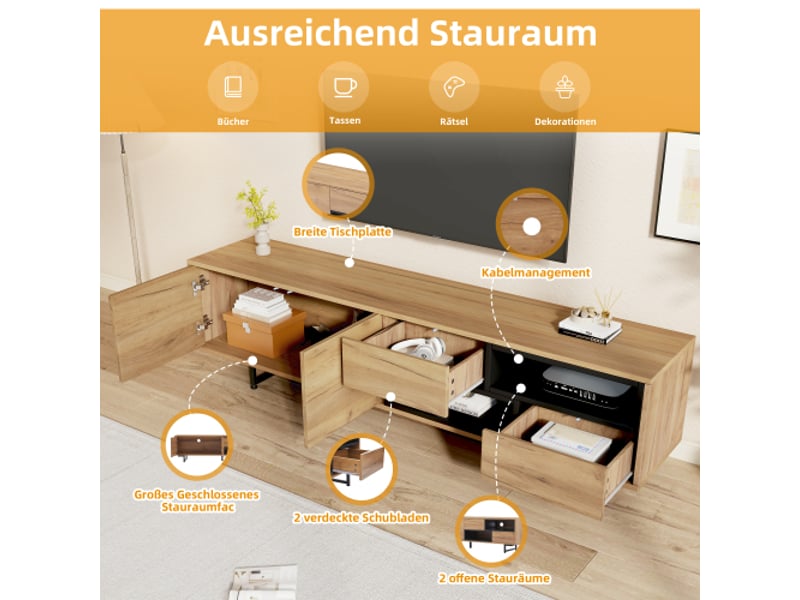  Meuble tv bas coloris bois, rangements ouverts avec compartiments en échelle, panneau de particules, 173 x 38 x 48 cm  - Conforama E