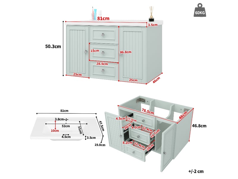 Meuble sous vasque suspendu vert 78 cm avec lavabo en céramique et 3 tiroirs de rangement - Conforama E