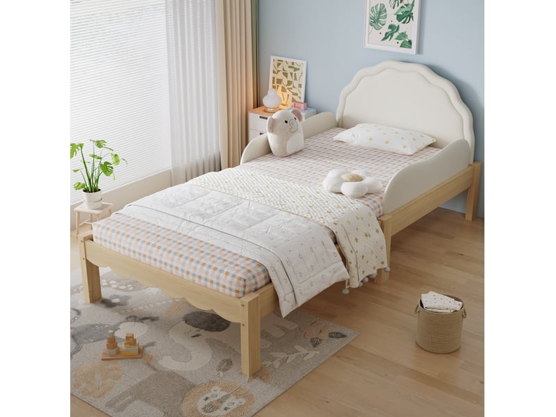  Lit enfant 90x200 cm beige et bois avec tête de lit pu et barrières latérales  - Conforama B