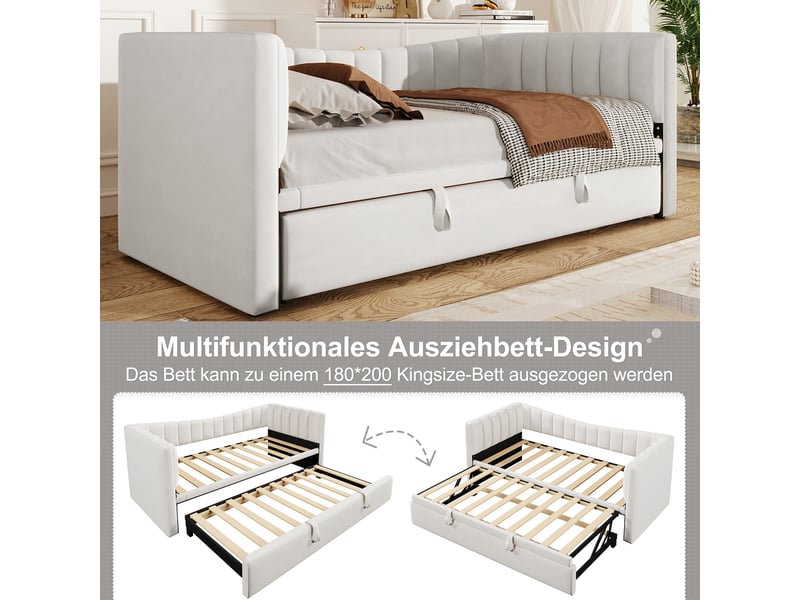  Lit banquette velours blanc lit gigogne 90x200 extensible 180x200 avec roulettes  - Conforama E