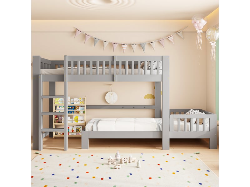  Lit superposé enfant 90x200 cm - lit superposé en bois séparable - 2 lits modulables avec barrières de sécurité - gris  - Conforama R