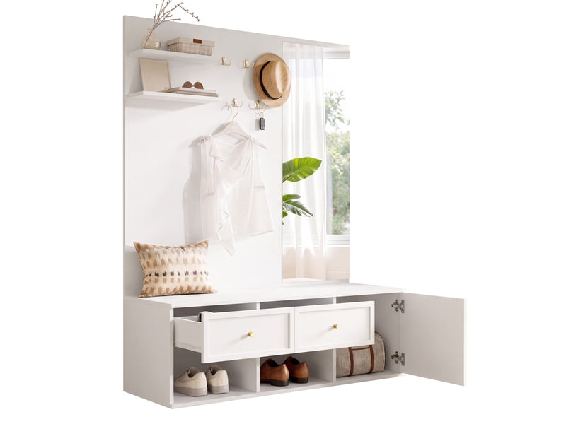  Meubles d'entrée avec miroir, 5 crochets, 2 tiroirs et rangement à chaussures pour couloir, blanc, 120 × 35 × 159 cm  - Conforama A