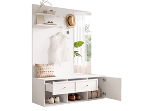 Meubles d'entrée avec miroir, 5 crochets, 2 tiroirs et rangement à chaussures pour couloir, blanc, 120 × 35 × 159 cm