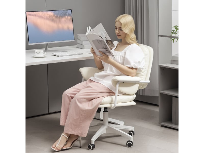  Chaise de bureau inclinable en similicuir blanc, rembourrée, repose-pieds, réglable, 120 kg  - Conforama B