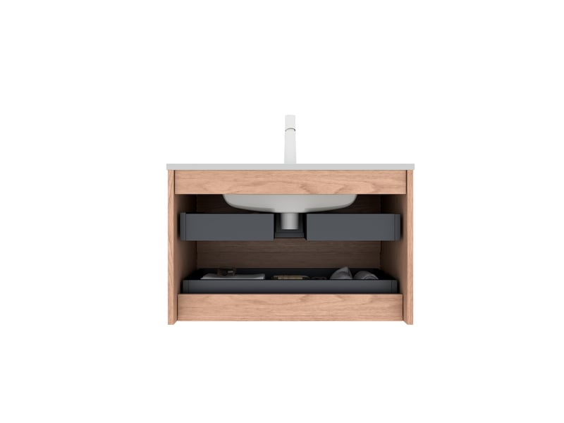 Meuble sous vasque avec 2 tiroirs, fermeture douce et vasque céramique pour salle de bain 81×46,5×51,5 cm blanc noyer - Conforama E
