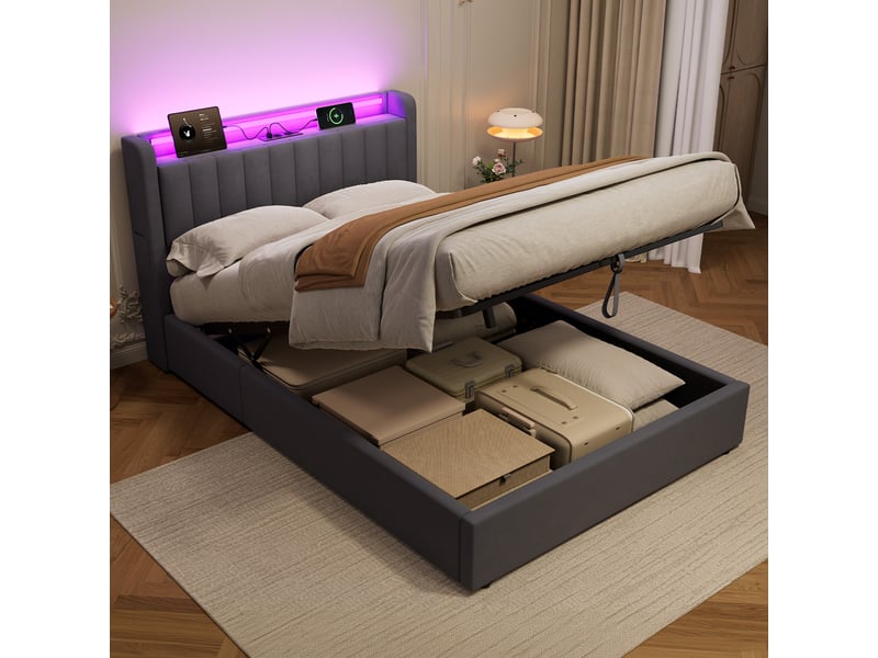  Lit coffre ulevr 140 x 190 cm avec rangement, port usb et éclairage led, velours gris foncé  - Conforama B