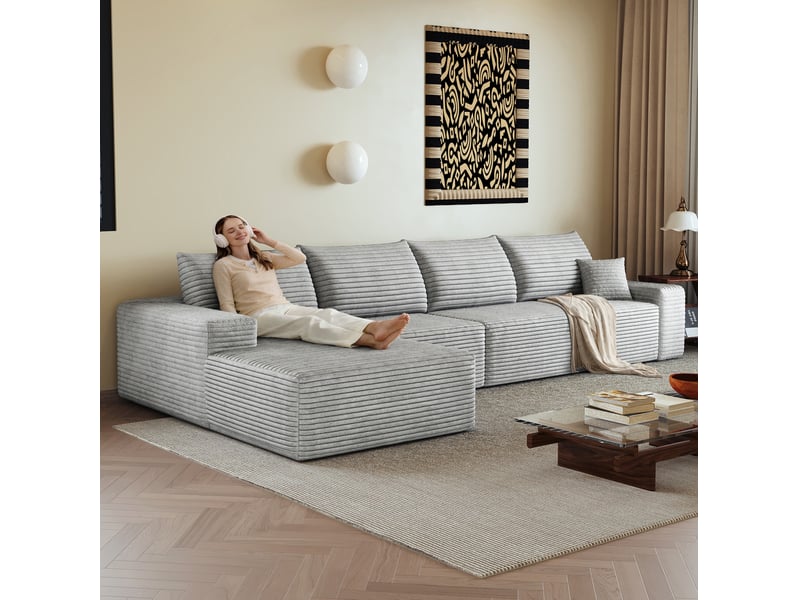  Canapé d’angle modulable 4 places avec méridienne en l gris en velours côtelé, 340 x 175 cm  - Conforama B