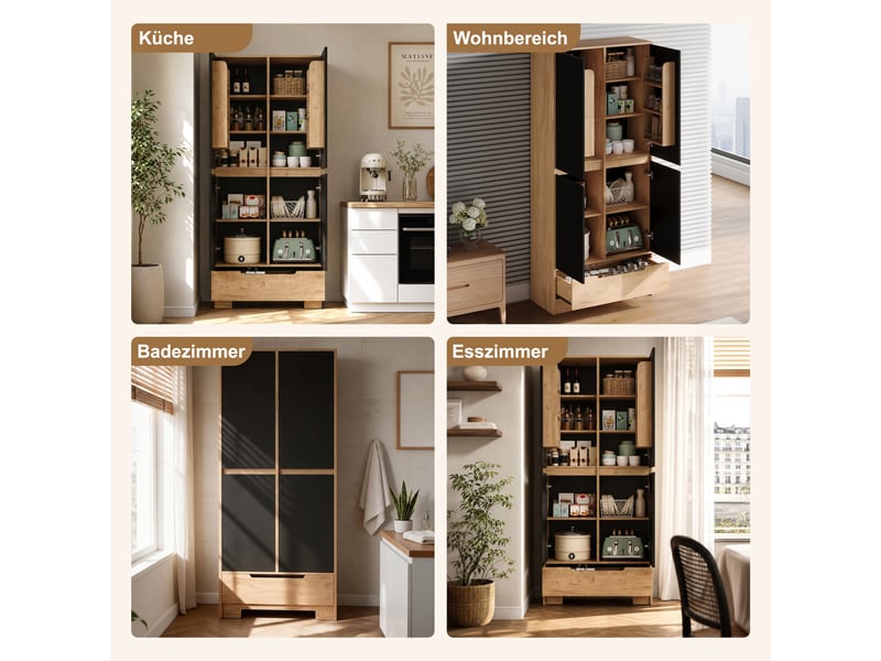  Armoire haute de cuisine 80x35x180 cm avec 1 grand tiroir, rangements de porte, étagères réglables, grand rangement, mdf noir et bois naturel  - Conforama E