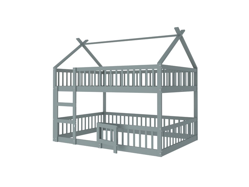  Lit superposé enfant 140x200 gris, lit mezzanine avec escalier et toit, cadre en bois massif pour chambre, charge 120 kg  - Conforama C