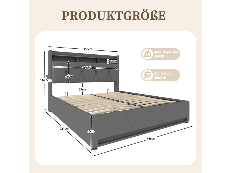  Lit coffre rembourré 140 x 200 cm, rangement hydraulique, tête de lit avec rangement, led, usb-c, velours, gris Bliss Lite - Conforama C