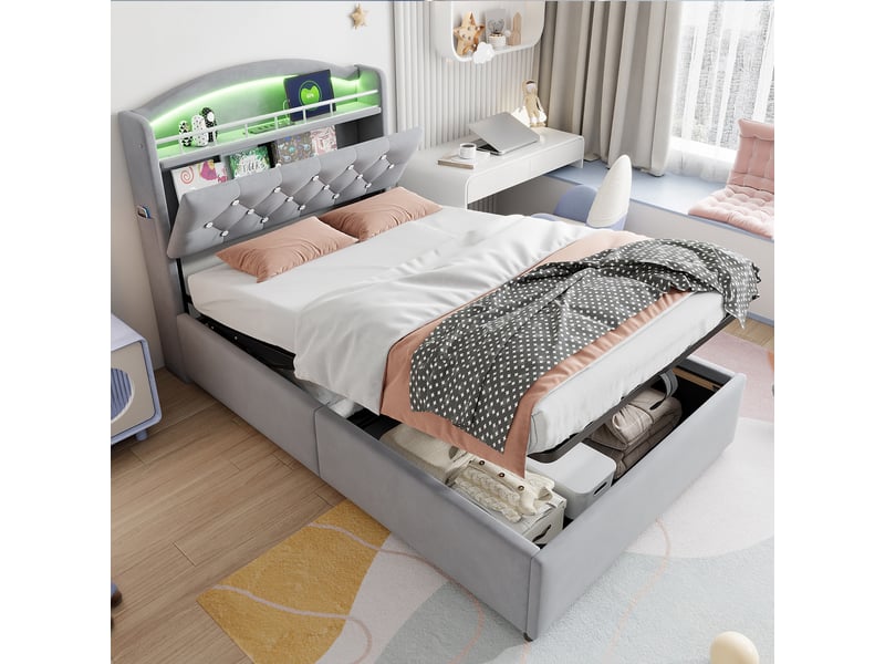  Lit coffre enfant 90x200 cm avec rangement et led, velours, gris, sans matelas  - Conforama R