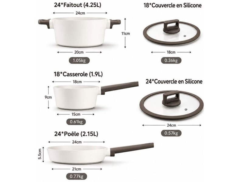  Set de casseroles 5 pieces granit antiadhesif blanc compatible induction 24 cm poele 18 cm casserole 24 cm faitout 370018_AADJW68722_6_DROPFR - Conforama B