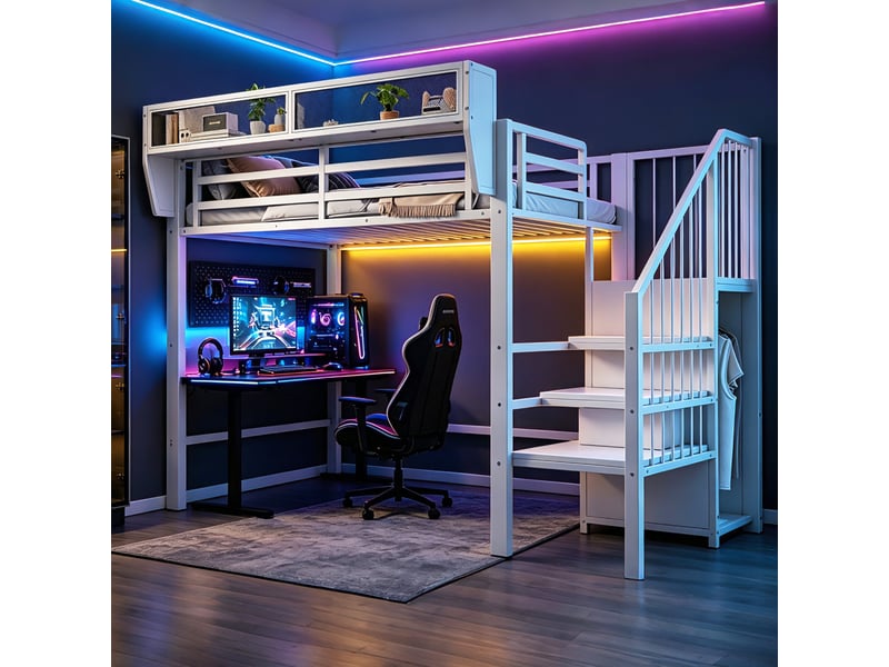 Lit mezzanine 90x200 cm avec bande led, lit surélevé en métal avec échelle sécurisée et rangements modulables, gain de place, blanc OPULERANE TRADING LTD - Conforama E