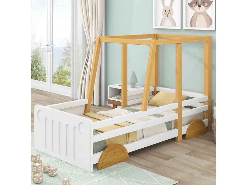  Lit enfant en forme de voiture 200×90 cm avec barrières sur quatre côtés, sans matelas, en pin et mdf blanc et naturel  - Conforama B