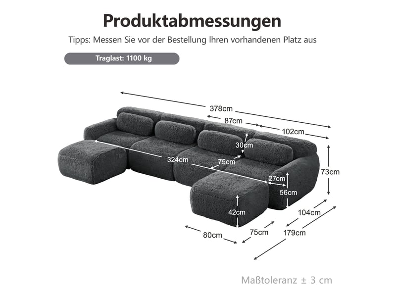  Canapé d'angle, canapé modulable – forme u, sans montage, mousse haute densité, en tissu, gris, base antidérapante  - Conforama D