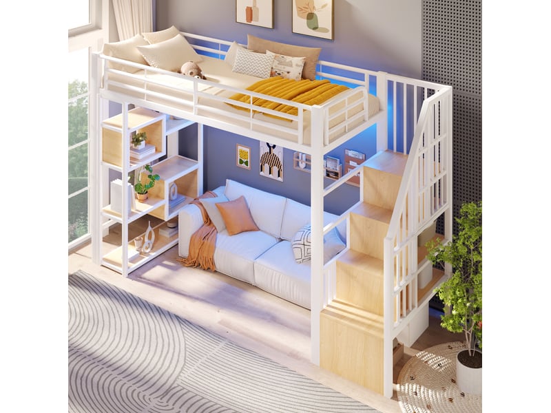 Lit mezzanine enfant 90x200 cm avec led et rangements coloris blanc - Conforama B