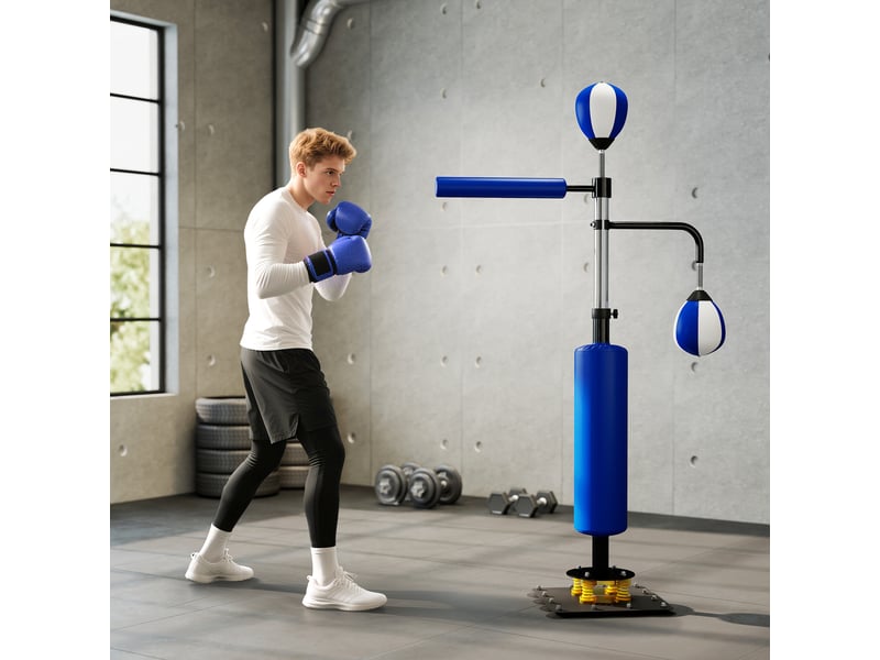 Support de boxe, deux speedballs, barre de frappe rotative, coussins de frappe, hauteur réglable, acier, 107 x 36 x 140-205 cm, bleu  - Conforama C