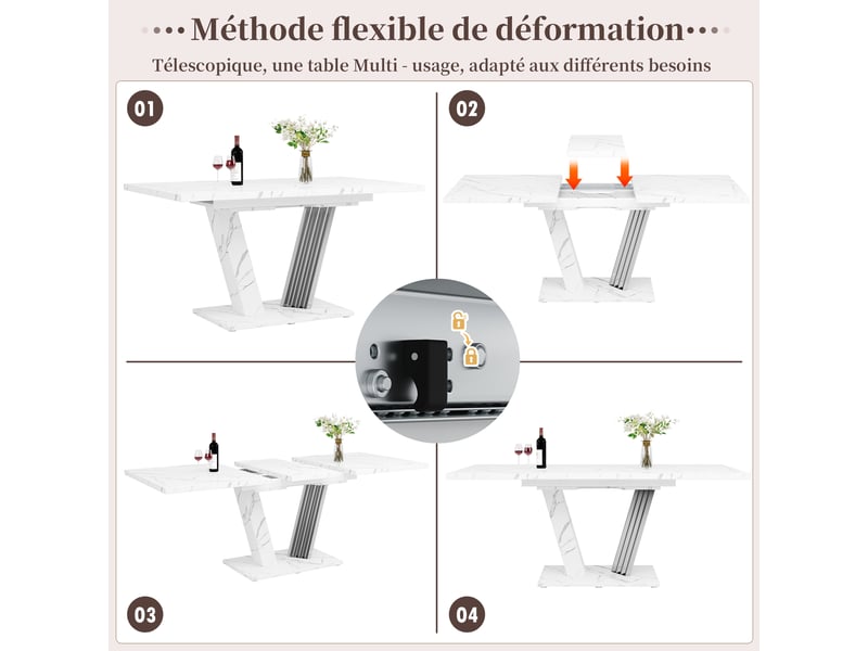  Table à manger extensible 120–160 x 80 x 76 cm, plateau rectangulaire, pieds réglables, mdf et métal, effet marbre blanc  - Conforama E