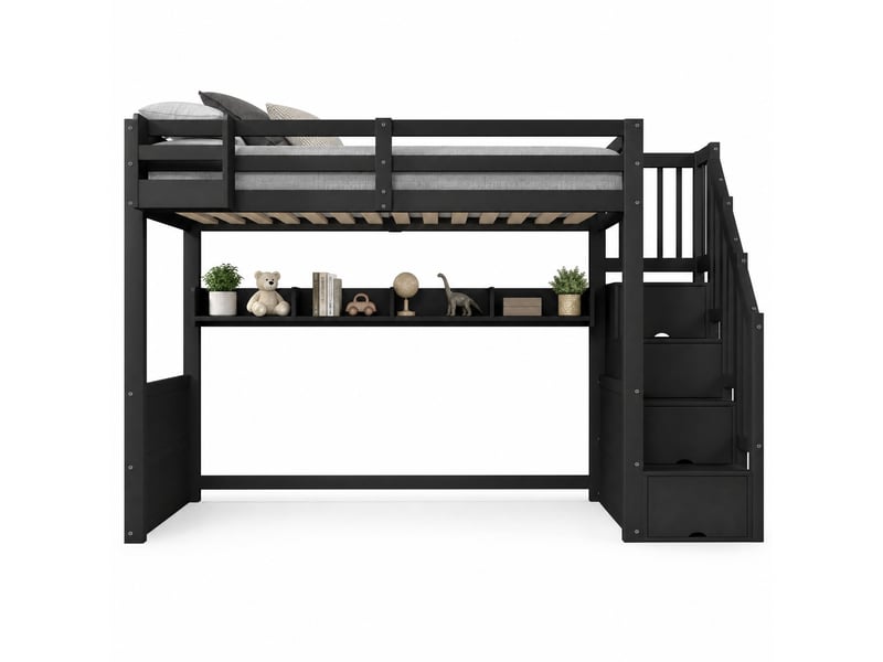 Lit mezzanine 90 × 200 cm avec escalier, placard intégré, rangements et led pour chambre enfant, noir 253 × 95 × 170 cm - Conforama A