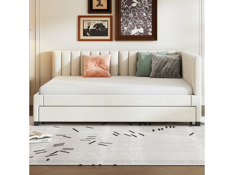  Lit rembourré en velours beige 140x200 cm  - Conforama E