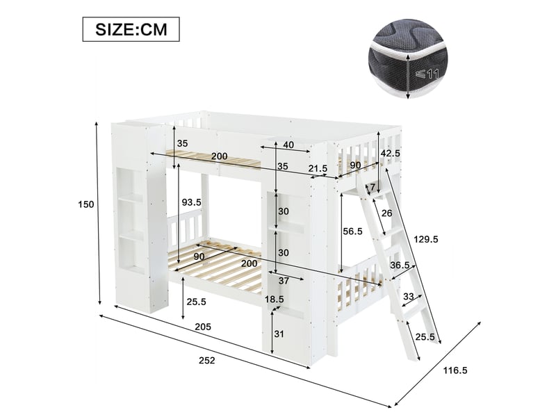  Lit superposé enfant modenvie 90 x 200 cm blanc avec rangements, échelle réversible et protection anti-chute  - Conforama C