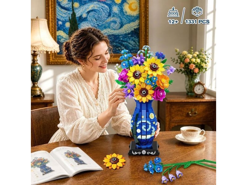  Jeu de construction floral 1331 pieces 3,6 mm avec vase imprime bleu et guirlande led 151498_AAANN79110_6_DROPFR - Conforama D