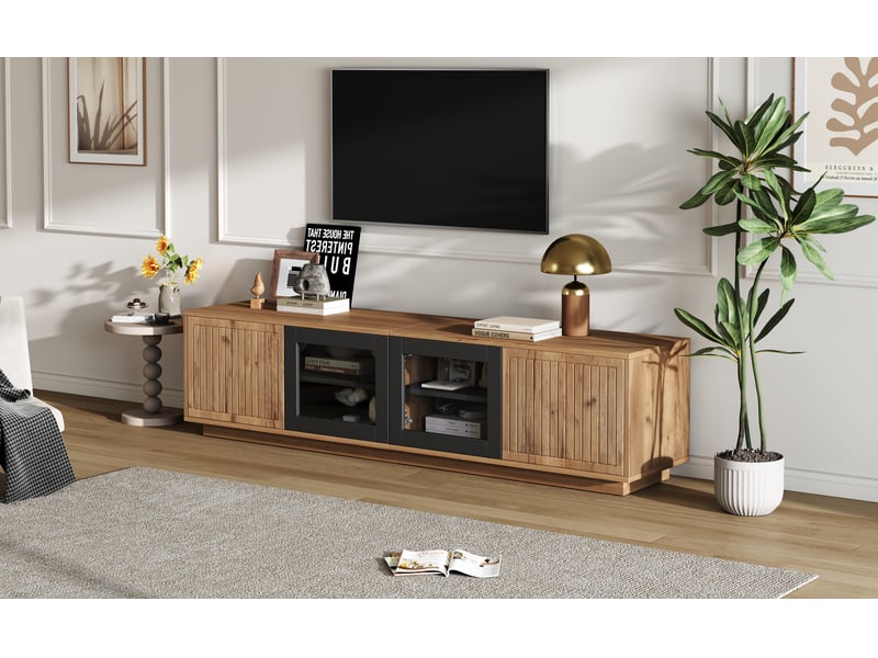  Meuble tv led 180 x 40 x 45 cm bois naturel et noir, 2 placards, verre, charge 30 kg, jusqu’à 75 pouces  - Conforama A