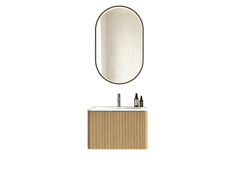 Ensemble meuble vasque suspendu 61 x 46,5 cm – chêne – miroir led ovale antibuée, tiroir prémonté - Conforama A
