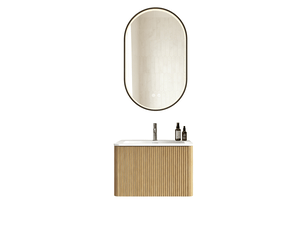 Ensemble meuble vasque suspendu 61 x 46,5 cm – chêne – miroir led ovale antibuée, tiroir prémonté