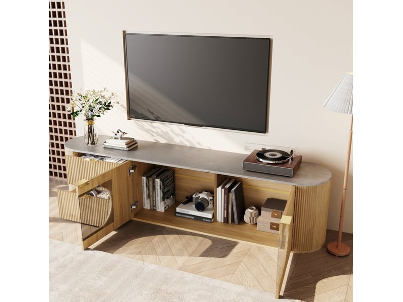  Meuble tv modenvie moderne 172 x 38 x 45,5 cm mdf naturel portes texturées vitrine en verre gris  - Conforama B