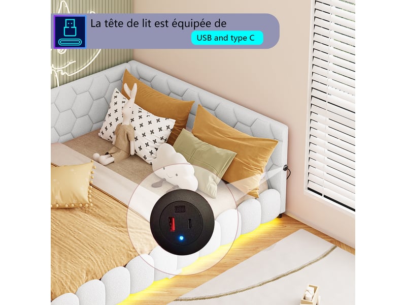  Lit d'angle 140x200 cm avec led et usb,canapé-lit rembourré,lit 2 places,sommier à lattes,lit double,laine d'agneau,blanc  - Conforama D