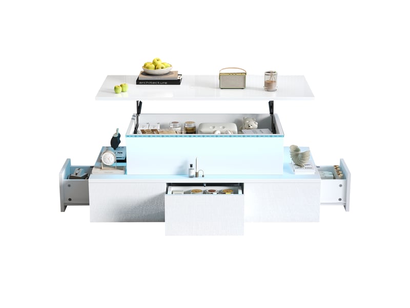 Table basse relevable blanche 100x50 cm led, 4 tiroirs et compartiment de rangement caché - Conforama A