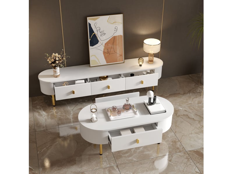  Table basse 108x50x40 cm blanche et dorée avec 2 tiroirs  - Conforama E