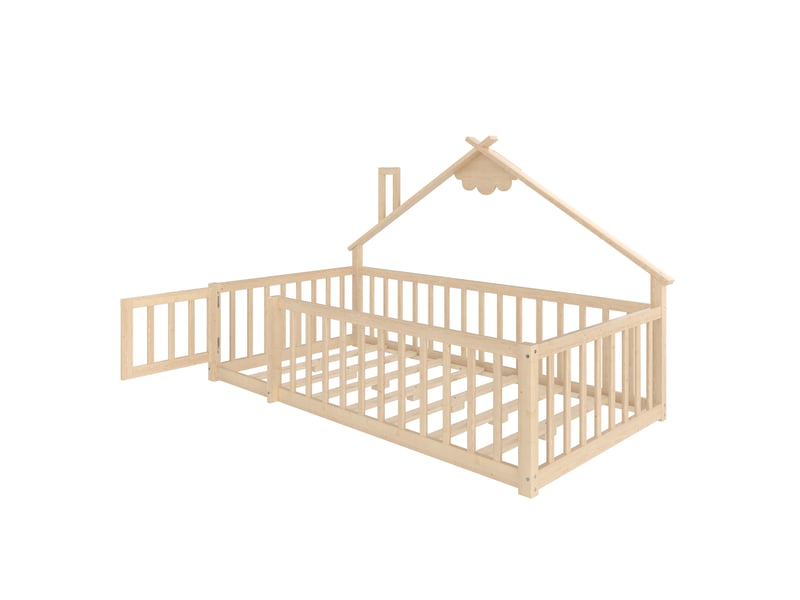  Lit enfant 90x190 cm en pin naturel, style maison, barrières avec fermeture, design sécurisé  - Conforama D