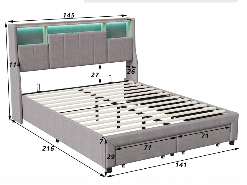 Lit 2 places 140x200 cm - tiroirs de rangement et led - rangement tête de lit - lit 2 places tissu - sommier à lattes  - Conforama C