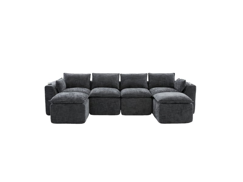 Canapé modulable combinaison libre 2 poufs coussins inclus porte-boissons 2 poches latérales mousse et ressorts tissu chenille gris - Conforama A