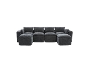 Canapé modulable combinaison libre 2 poufs coussins inclus porte-boissons 2 poches latérales mousse et ressorts tissu chenille gris