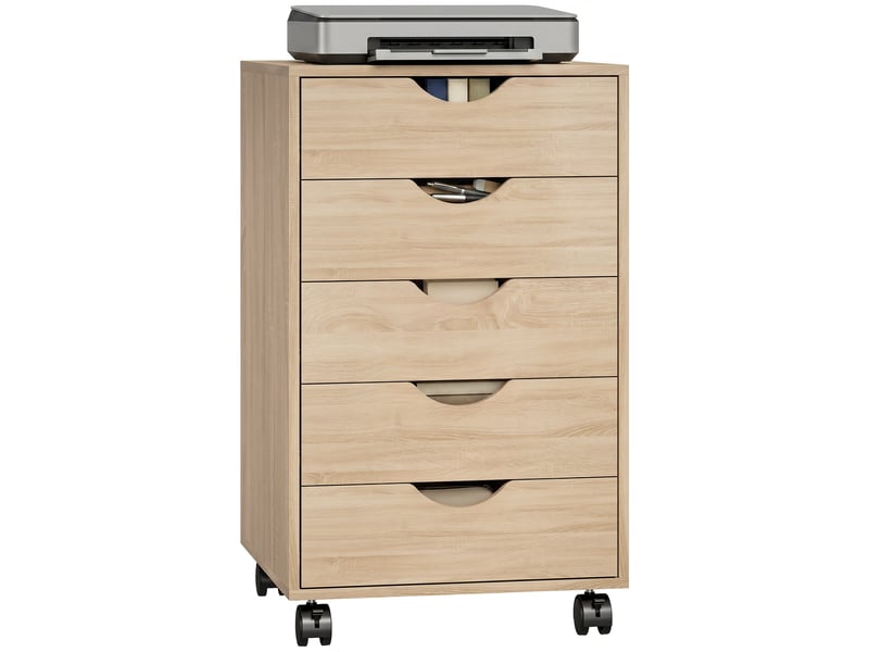  Caisson bureau mobile, meuble rangement sur roulettes avec 5 tiroirs, bois, 40 x 40 x 67 cm, chêne  - Conforama A