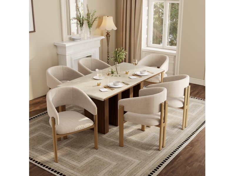  Lot de 4 chaises de salle à manger en métal aspect bois naturel et tissu lin beige  - Conforama D