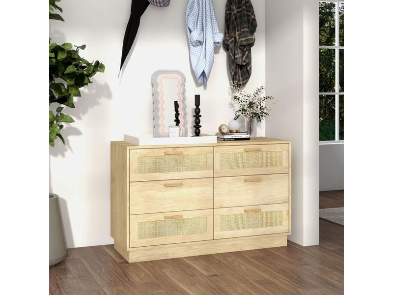  Commode design bohème en rotin avec 6 tiroirs, meuble de rangement pour le salon, le couloir, l'entrée, chêne  - Conforama B