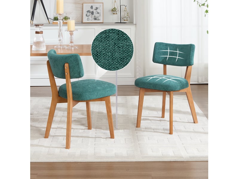  Chaise de salle à manger lot de 2, assise rembourrée ergonomique et pieds en bois massif, tissu vert 54,5 × 47 × 77 cm  - Conforama C