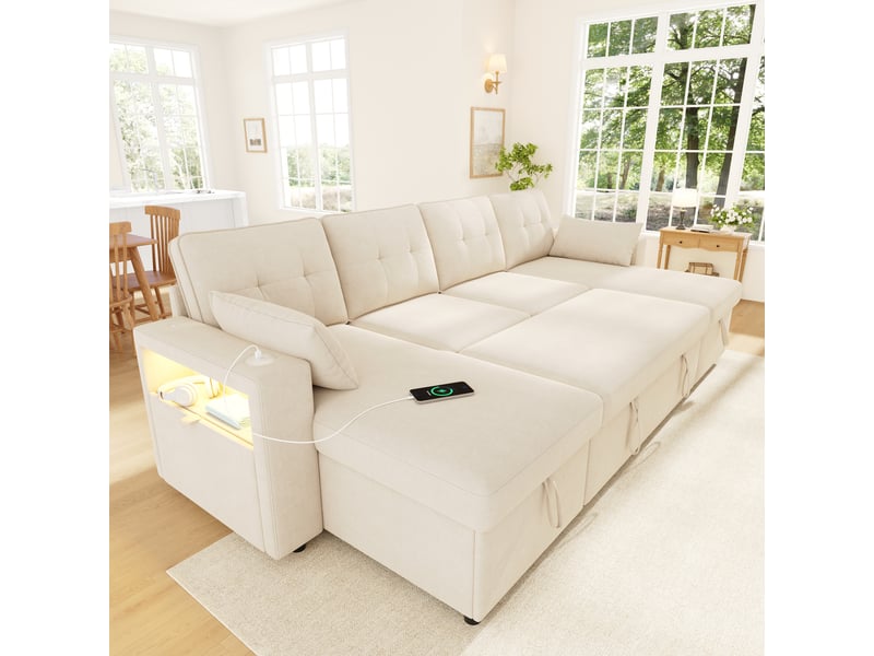 Canapé d'angle convertible 4 places 273x131x83 cm en chenille avec 2 méridiennes coffre, rangement, led, usb type-c - beige - Conforama D