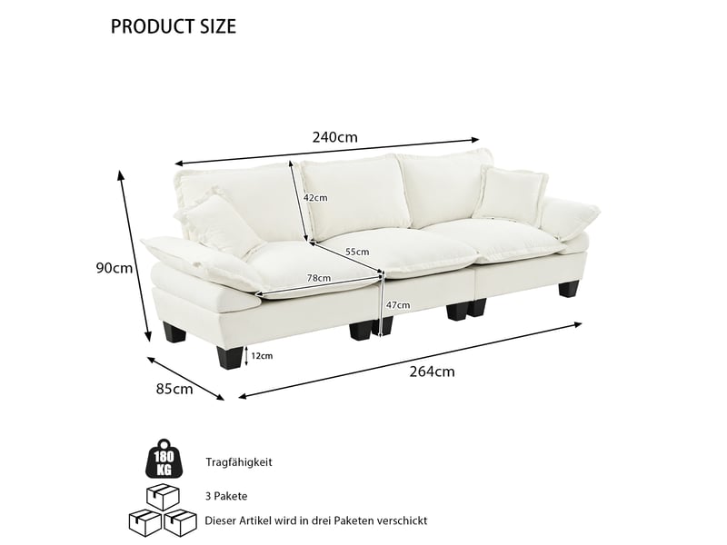  Canapé 3 places en chenille beige avec accoudoirs arrondis amovibles  - Conforama E