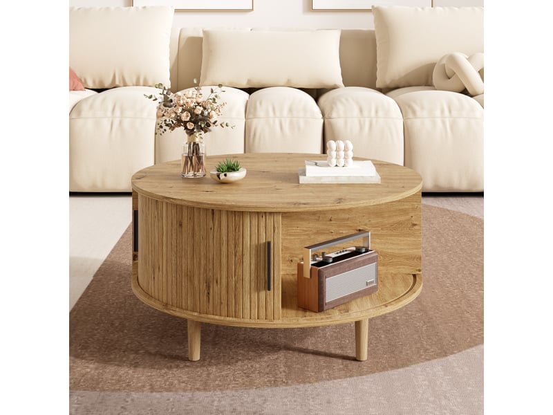  Table basse ronde de salon 80x80x59 cm - plateau relevable - rangement intégré - relief vertical - mdf - chêne CozyNest - Conforama B