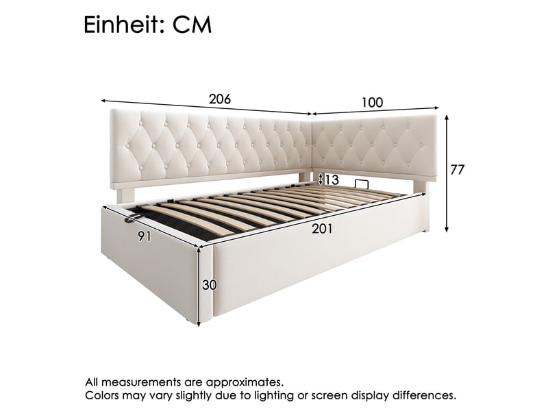  Lit banquette 90x200 lit coffre velours beige avec rangement hydraulique sommier à lattes  - Conforama C