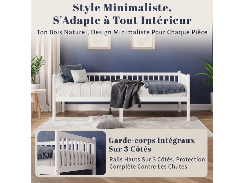  Lit banquette 90x200 cm en bois de pin - canapé-lit blanc avec barrières 3 côtés et 14 lattes  - Conforama E