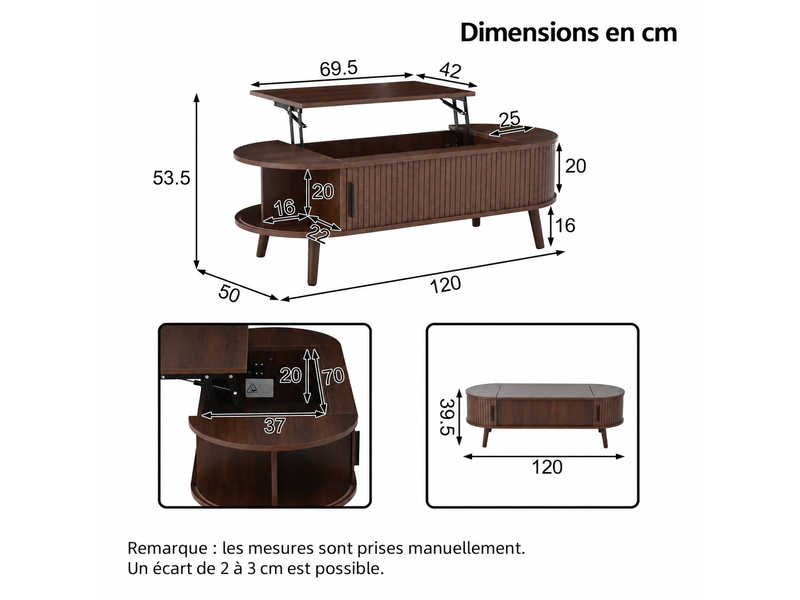  Table basse relevable 120 x 50 cm, coffre et rangements à rideaux, mdf et pieds bois, effet noyer Sol Morn - Conforama C