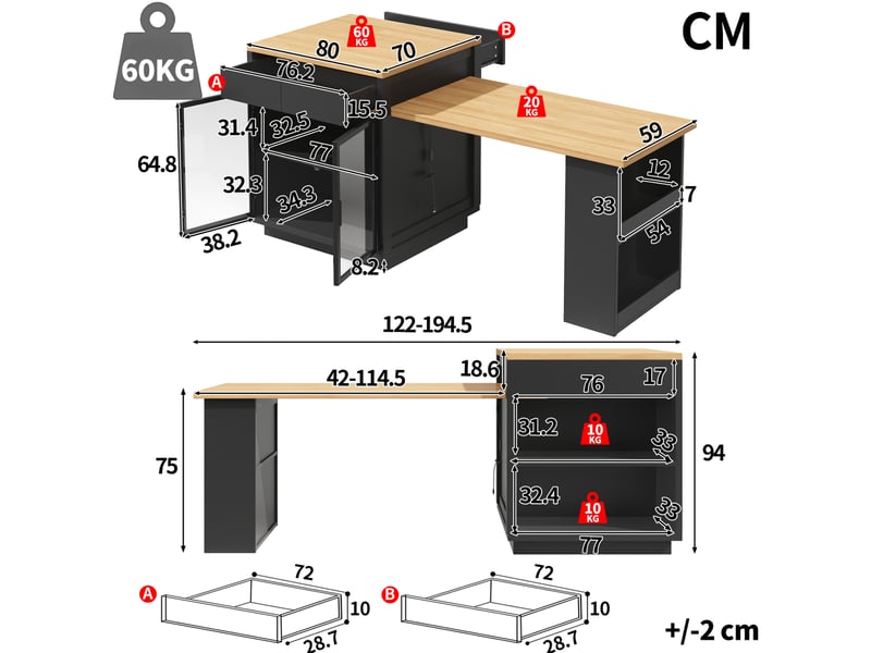 Desserte de cuisine extensible avec 2 tiroirs et 2 portes vitrées, éclairage led, pour cuisine et salle à manger - Conforama C