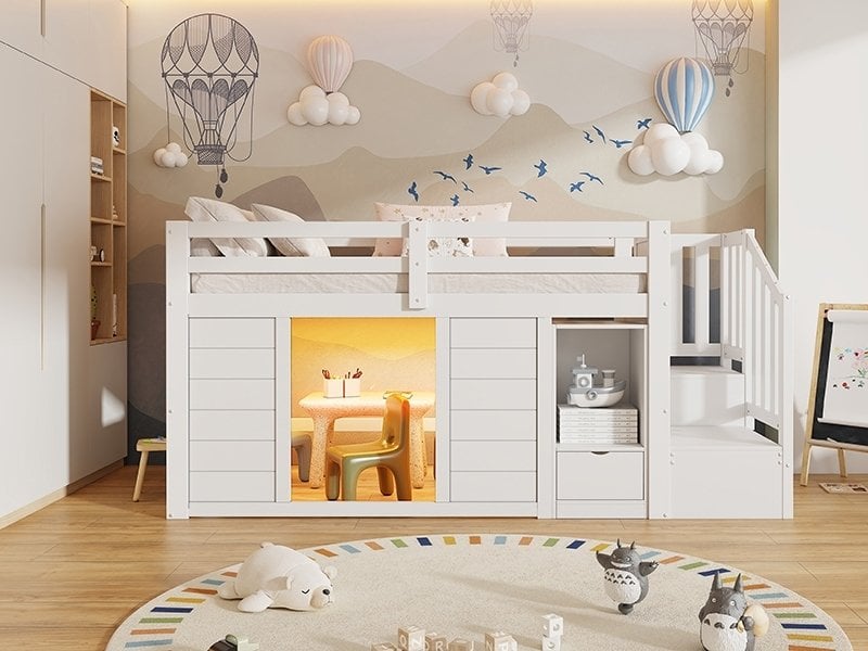  Lit mezzanine pour enfant, 90x200cm, avec rangements, escalier avec rangements intégrés et éclairage led, blanc  - Conforama B