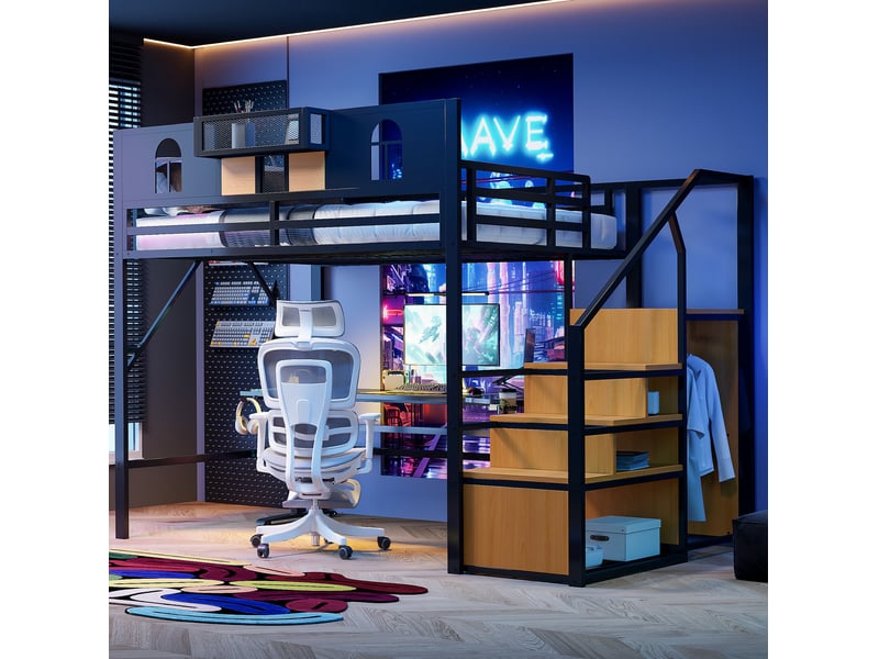  Lit mezzanine enfant 140x200 cm, avec échelle de rangement, fenêtres, garde-corps haut, cadre métal, noir, sans matelas  - Conforama D
